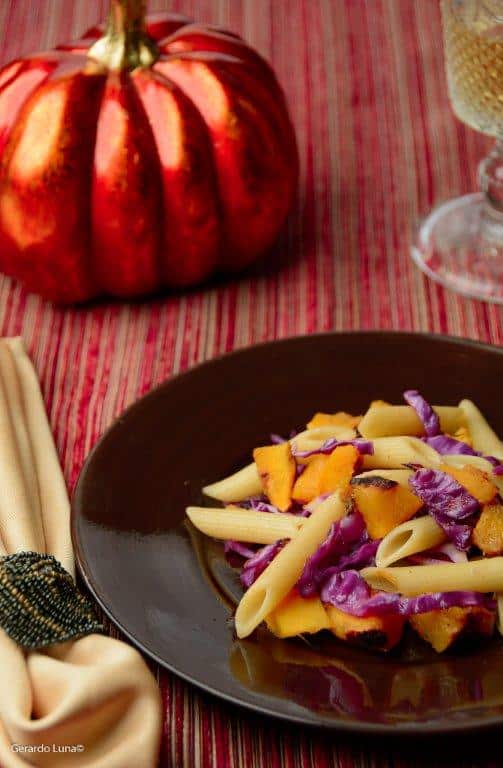 Grilled Acorn Squash Pasta with Red Cabbage and Spices